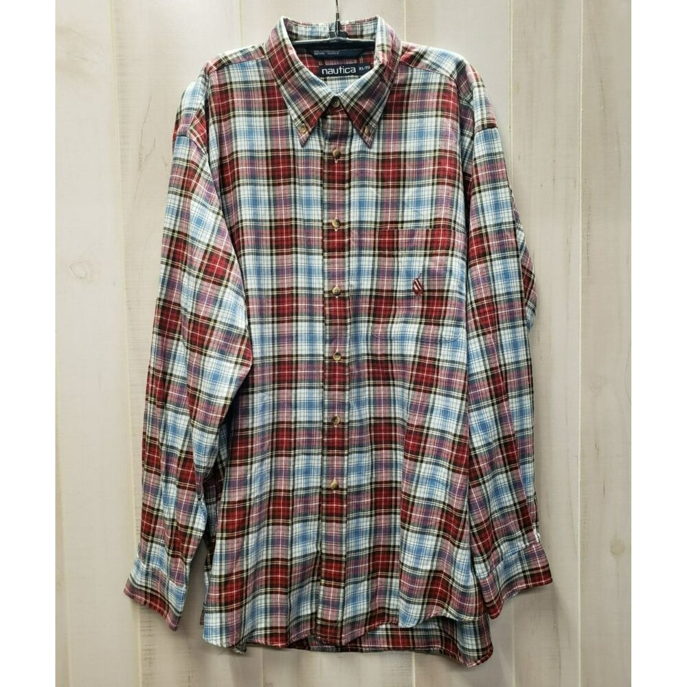 Nautica Plaid Button Up Shirt, Men's XL, Blue Red White, 100% Cotton, Taiwan